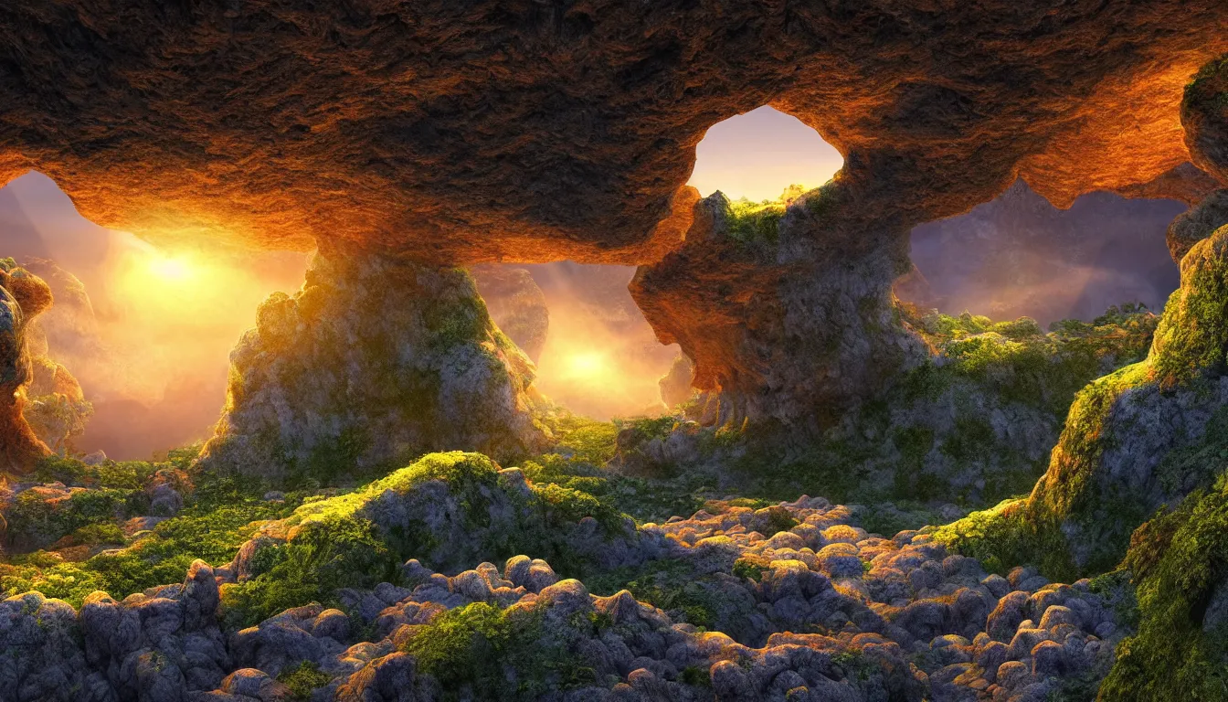 Prompt: expansive caves with growing biodiversity , the pools of liquid, dramatic dusk sun illuminates the volumetric light ,detailed entangled fibres carpet the fallen rocks ,full colour , upscale , 4k