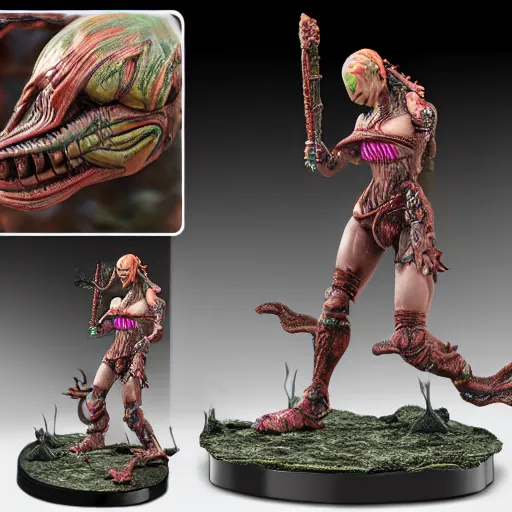 Image similar to 80mm resin detailed miniature of a Alien fighting a Female warrior, Product Introduction Photos