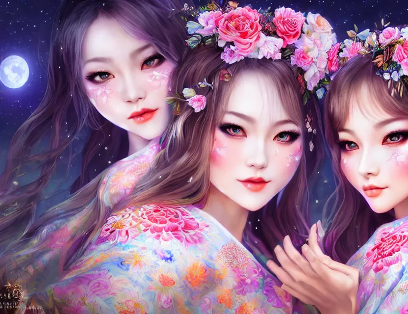 Image similar to two beautiful alluring siberian girls wear fantasy kimono in festival | | sunny night, full moon, dreamlike art, realistic shaded, smile, good looking, hyper details, 4 k realistic, cryengine, realistic shaded lighting poster by artgerm, ross tran, fuji choko, 8 k resolution, trending on artstation, luxury