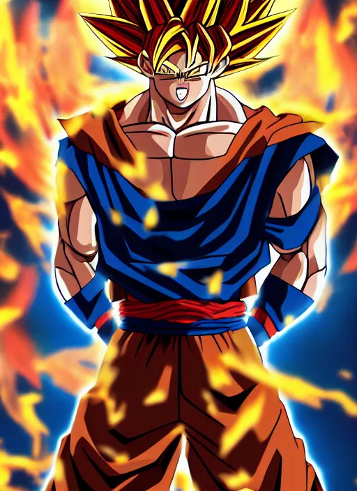 Image similar to a full portrait photo of super saiyan son goku, f / 2 2, 3 5 mm, 2 7 0 0 k, lighting, perfect faces, award winning photography.