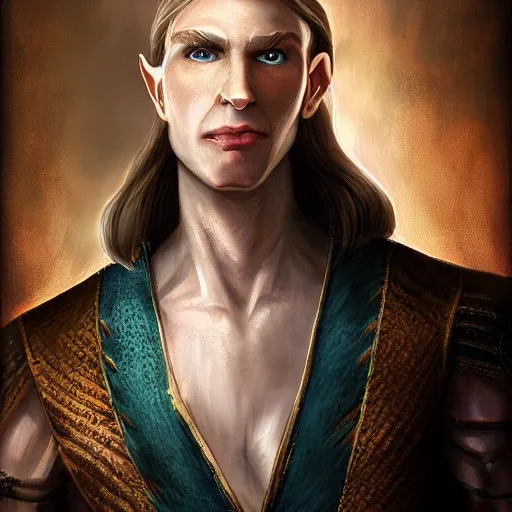 Prompt: A male white half elf with magic. Tavern. Fantasy. D&D. Portrait.