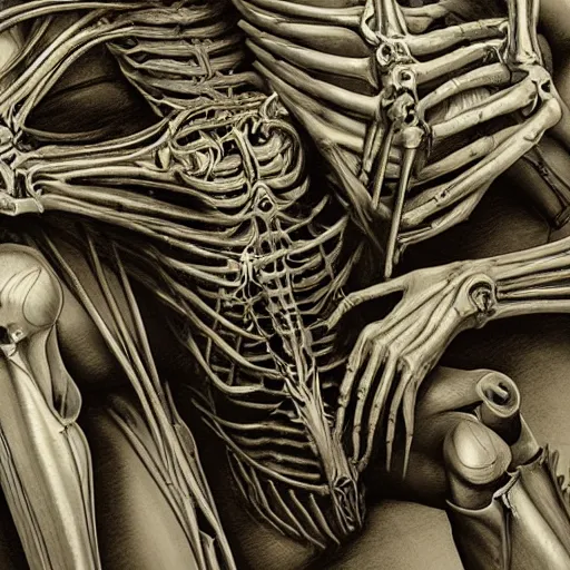 Prompt: cinematic scene of a detailed and intricate design of the back of full woman body wrapped in bones, close up, photo real, intrincate, in the style of giger, studio shot, dark shadows, creepy, nightmarish, dynamic lighting, great finesse organic hyper detailed, engineering blueprints, technical drawings, calculus, stained paper, hyperrealistic, ultra detailed, 16K, unreal engine, trending on artstation