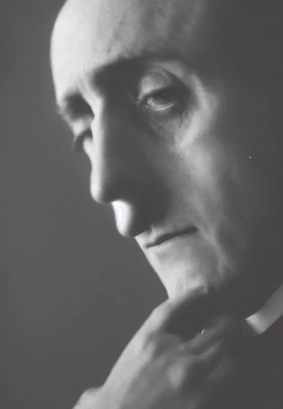 Prompt: a close - up casual photo of marcel duchamp looking away, 1 9 2 0 s monochrome snapshot, graflex 4 x 5, f 1. 8, 3 5 mm, ilford delta 3 2 0 0 pro