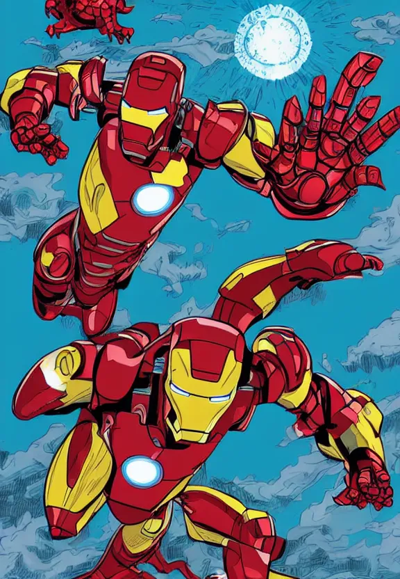 Image similar to iron man fighting a giant kaiju, comic book style illustration