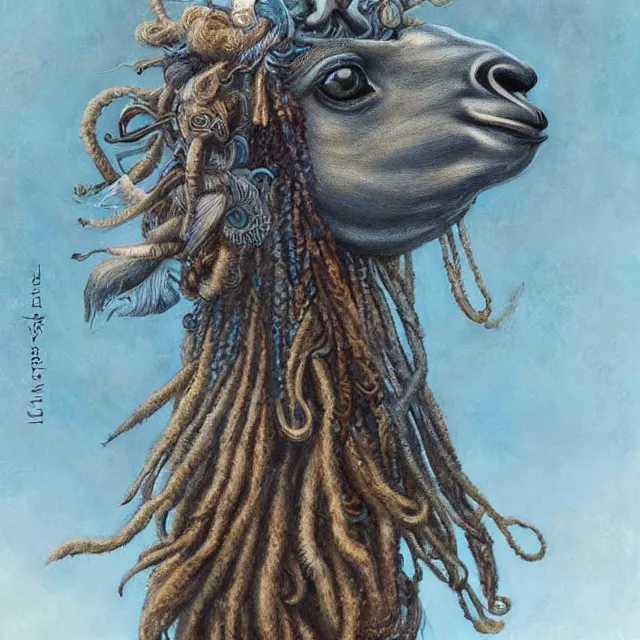 Prompt: llama with dreadlocks, by mandy jurgens, ernst haeckel, james jean. in the style of aqua