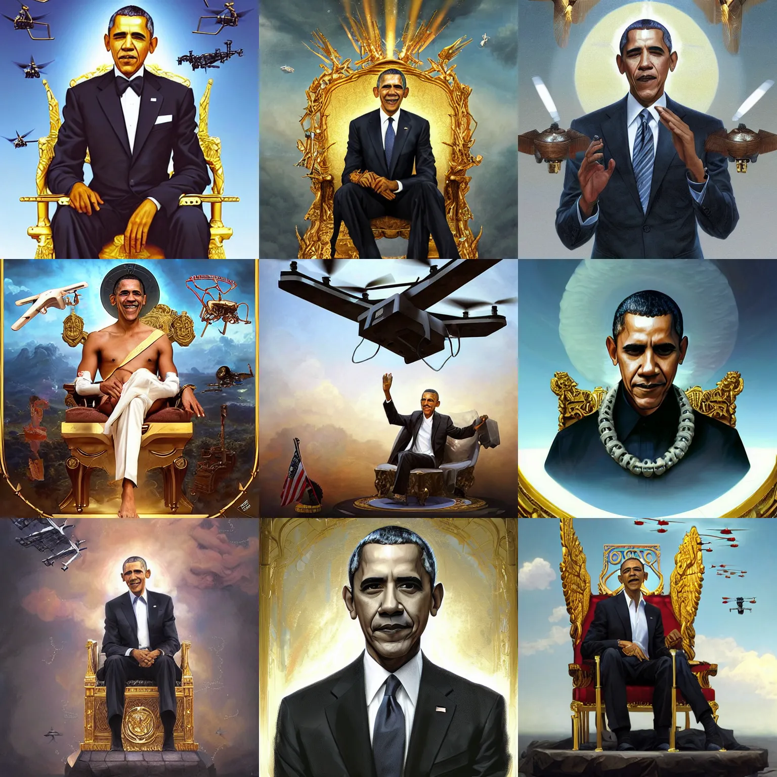 Prompt: imaginative portrait of Barack Obama (played by Barack Obama) The Drone King sitting in the sky on a golden throne with MQ-1 Predator Drones (military) flying out from under it, intricate details, By Ruan Jia and Stanley Artgerm, Range Murata and WLOP and Ross Tran and William-Adolphe Bouguereau. Key Art. Fantasy Illustration. award winning, Artstation, smooth, Hyperdetailed, 8k resolution.