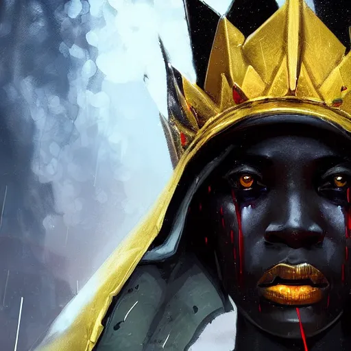 Prompt: a dark and ominous african moor with glowing eyes and a golden crown with a ruby crying tears of gold in a thunderstorm, Apex Legends character digital illustration portrait design, by android jones and greg rutkowski in a cyberpunk voodoo style, detailed, cinematic lighting, wide angle action dynamic portrait