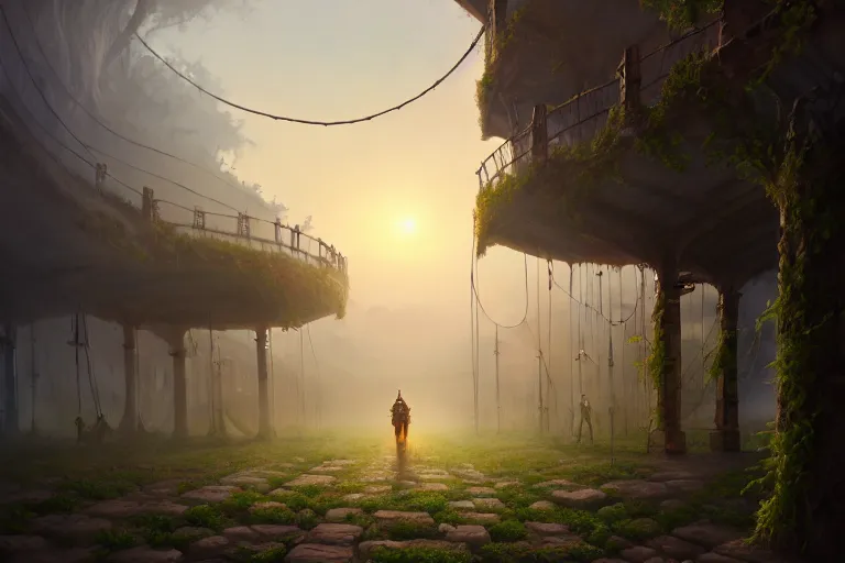 Image similar to a walking ancient city mounted on mechanical legs, vines, hyperrealistic, highly detailed, cinematic, single ray of sun, fog, beautiful, cgssociety, artstation, 8 k, oil painting