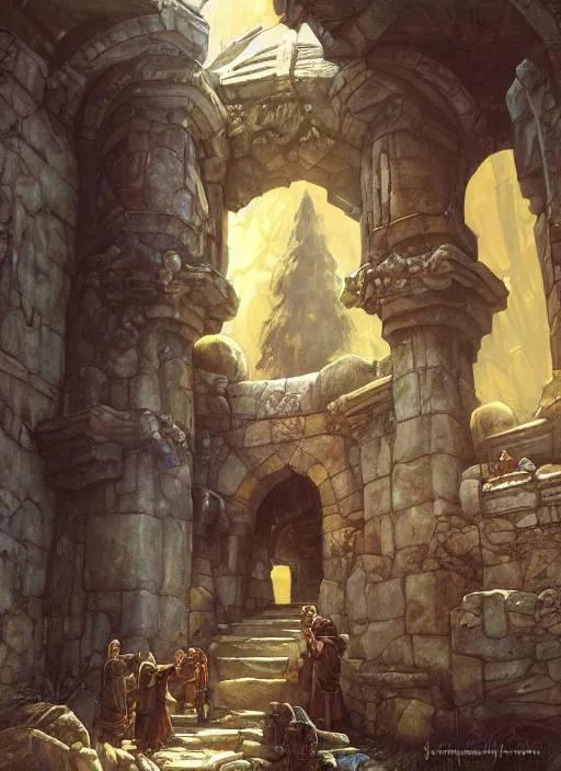 Prompt: Dwarven stonemason completing the arch of the elders. Fantasy concept art. Moody Epic painting by James Gurney, and Alphonso Mucha. ArtstationHQ. painting with Vivid color. (Dragon age, witcher 3, lotr)