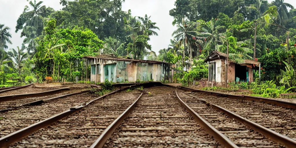 Image similar to abandoned sri lankan train station, cats, rain, mud, greenery, photograph