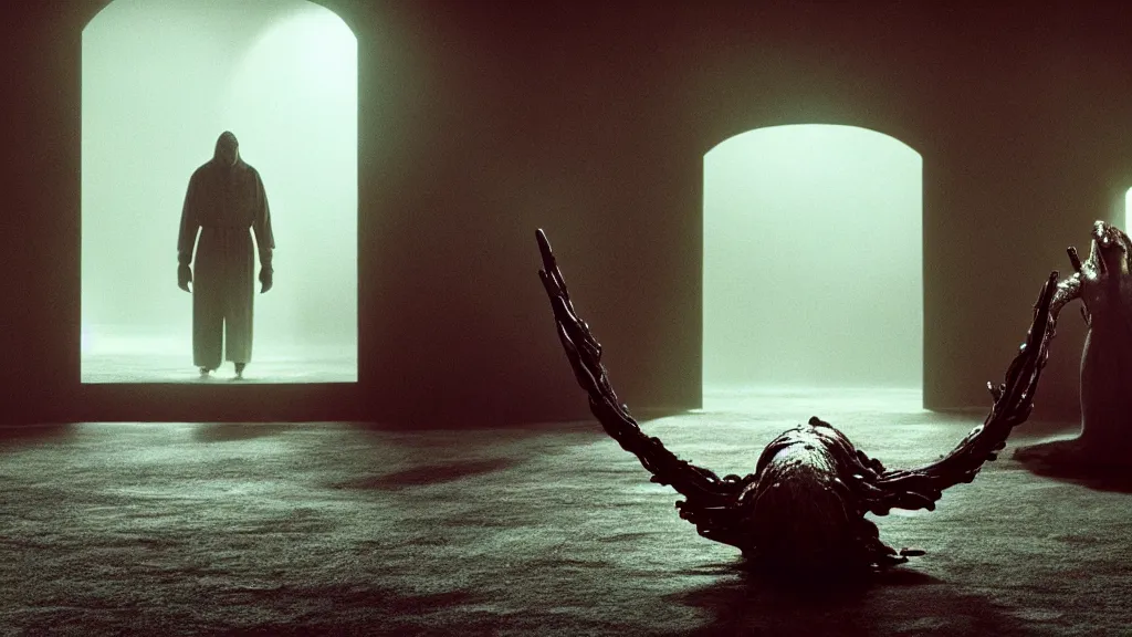 Image similar to the creature that told me when to die, film still from the movie directed by Denis Villeneuve with art direction by Salvador Dalí, wide lens