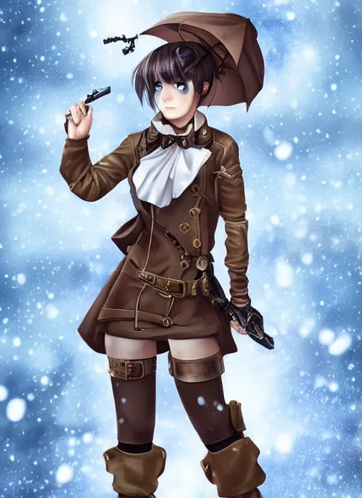 Image similar to girl with steampunk weapons and uniform, serious, intense, finely detailed, made by artgerm, full body portrait, illustration, snow, snowing, cloudy, anime, side view, perfect anime face, realistic face, zoomed out, smooth, brown eyes, high waisted shorts, sharp focus