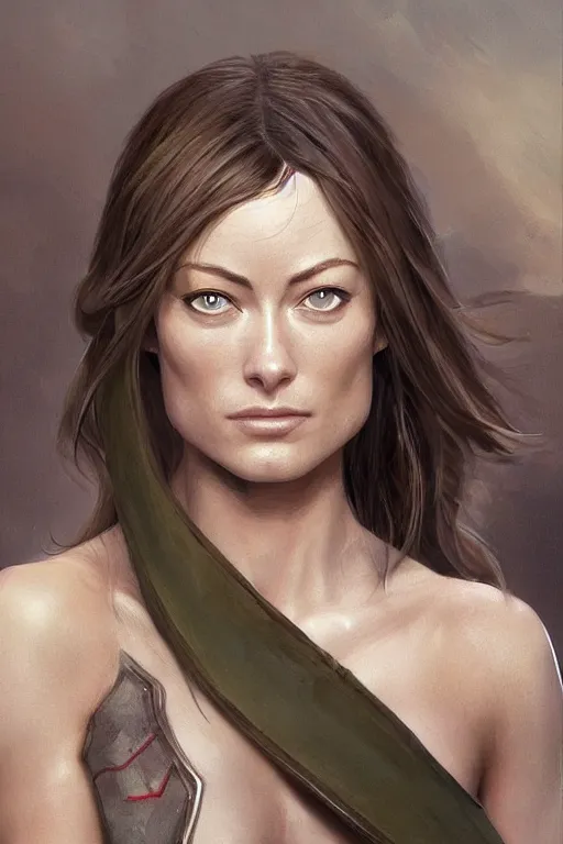 Image similar to a professional painting of a young Olivia Wilde, clothes in military armor, olive skin, long dark hair, beautiful bone structure, symmetrical facial features, intricate, elegant, digital painting, concept art, smooth, sharp focus, illustration, from StarCraft by Ruan Jia and Mandy Jurgens and Artgerm and William-Adolphe Bouguerea