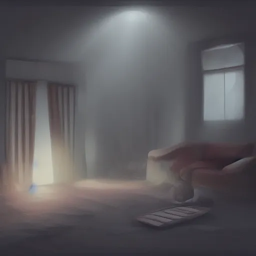 Prompt: wide shot of an almost pitch black family room in a house, at the bottom of a baseboard dim light emanates from a small mouse hole, 8K, 4K, digital art, concept art, art station, solace, tranquil, dusty.