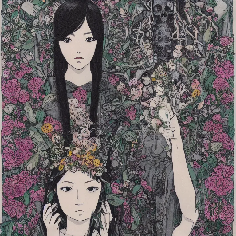 Image similar to young goddess, beautiful symmetrical face detailed face, realistic proportions, wearing a dark grey dress, peering from behind an ( enormous conical pile of skulls )!!! with flowers in the background, lush painting in the style of studio ghibli