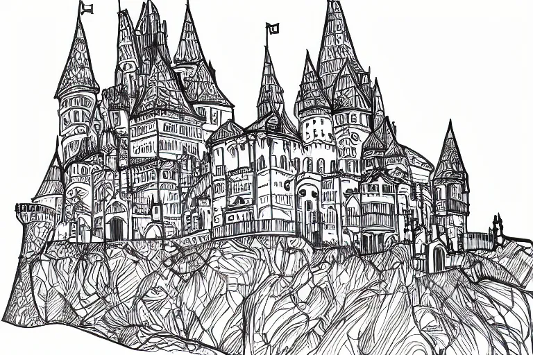 Image similar to single line sketch of elaborate intricate castle, scribble sketch, small details,