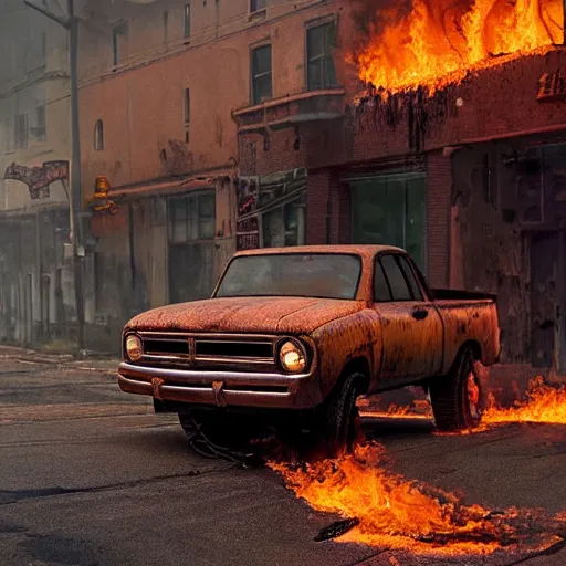 Image similar to photograph of a rusty dodge ram on fire in the street by simon stalenhag