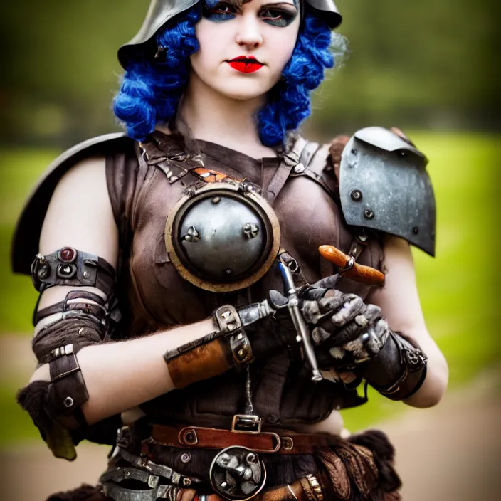 Prompt: photograph of a real - life very beautiful dieselpunk warrior. extremely detailed. dslr. 8 5 mm.