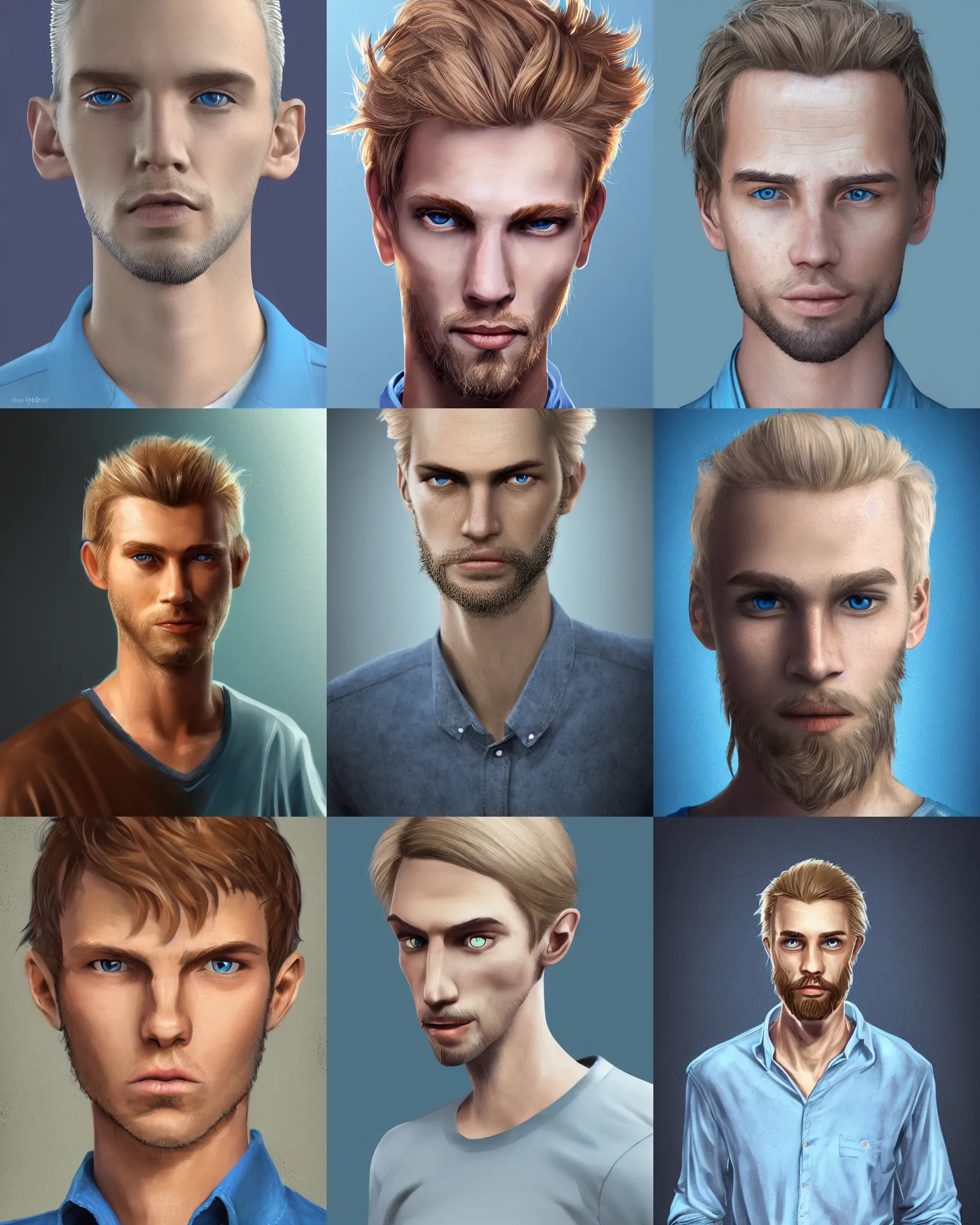 Prompt: digital portrait of a skinny white male, slightly longer blond hair and a light stubble beard, wearing a light blue shirt, blue eyes, rugged, teenage, fantasy, wizard, trending artstation, dungeons & dragons, neutral expression, wooden background, award winning dark lighting, realistic, high detail