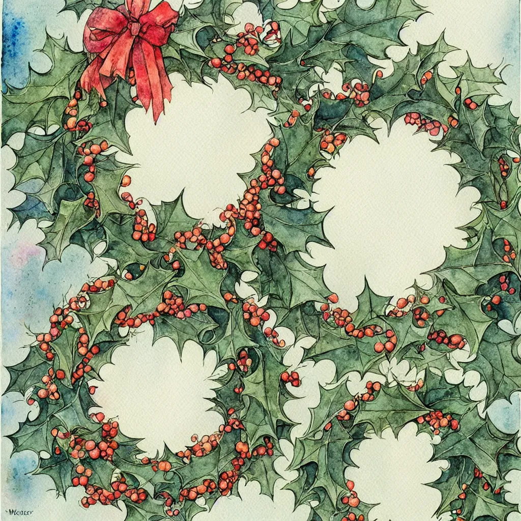 Image similar to realistic watercolor painting of one wreath of holly centered on a white background, detailed art by kay nielsen and walter crane, illustration style, watercolor