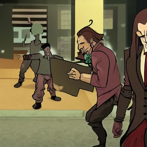 Prompt: sepiroth getting booked for tax evasion while saul goodman krumps in the background