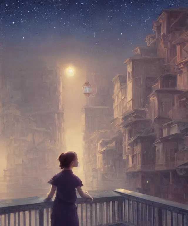 Image similar to a beautiful painting of a girl resembling millie bobby brown standing on a bridge, watching the view from the river of the lantern festival in a an ancient italian town, at night with a sky full of stars, intricate, elegant, highly detailed, digital painting, artstation, concept art, by krenz cushart and artem demura and alphonse mucha