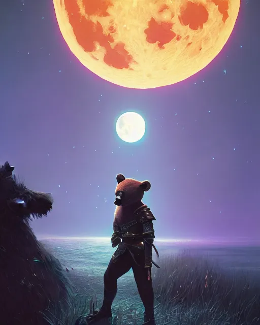 Prompt: highly detailed surreal vfx portrait of a metallic chromatic samurai bear in front of a full moon, stephen bliss, unreal engine, greg rutkowski, loish, rhads, beeple, makoto shinkai and lois van baarle, ilya kuvshinov, rossdraws, tom bagshaw, alphonse mucha, global illumination, detailed and intricate environment