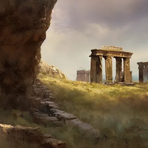 Image similar to concept art by craig mullins : an italian landscape, in the distance a small cliff of white marble can be seen. a stone henge is standig atop of the cliff