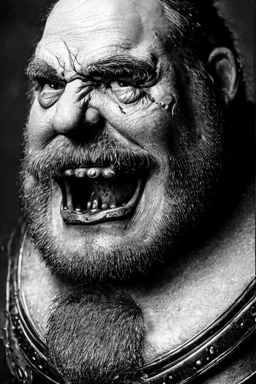 Prompt: head and shoulders portrait in a tavern of a dwarf adventurer, jovial, scarred lip, grandfatherly, leather armor, male, high fantasy, d & d, face details, extremely detailed, esquire magazine photo