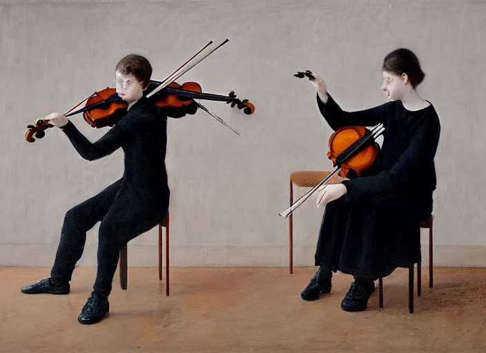 Image similar to two young violin players getting ready to perform and looking into the camera, francis bacon and pat steir and hilma af klint and james jean, psychological, photorealistic, intriguing details, rendered in octane, altermodern