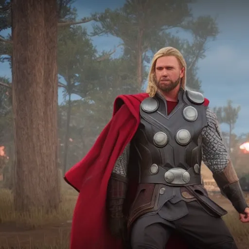 Prompt: Film still of Thor, from Red Dead Redemption 2 (2018 video game)