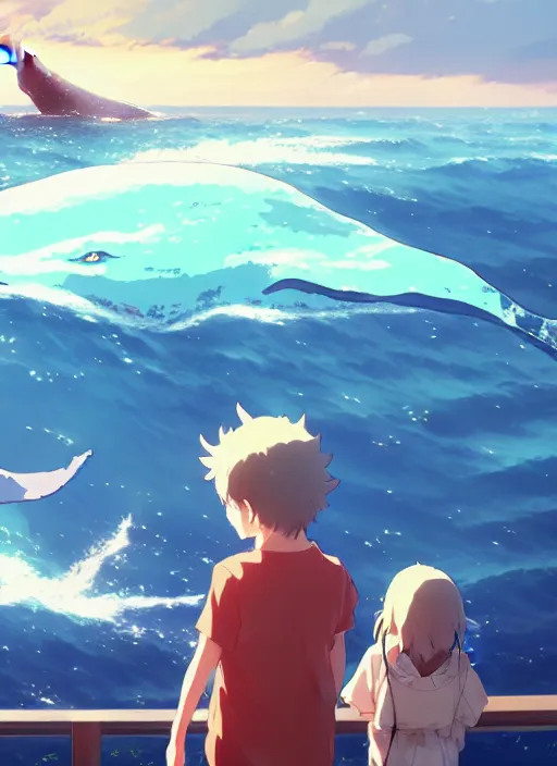 Prompt: boy and girl watching big whales on sky, illustration concept art anime key visual trending pixiv fanbox by wlop and greg rutkowski and makoto shinkai and studio ghibli