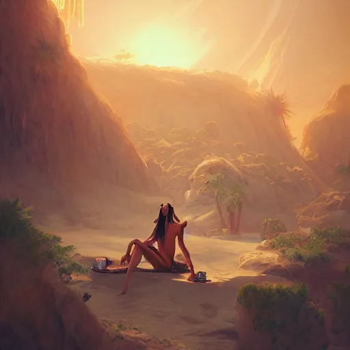 Image similar to a desert vagabond wearing a tattered robe lounging next to an oasis surrounded by sand dunes, by wlop and peter mohrbacher, extremely detailed shading, concept art, digital painting, trending on artstation, unreal engine 5, octane render, atmosphere, glow, cinematic lighting, full of color