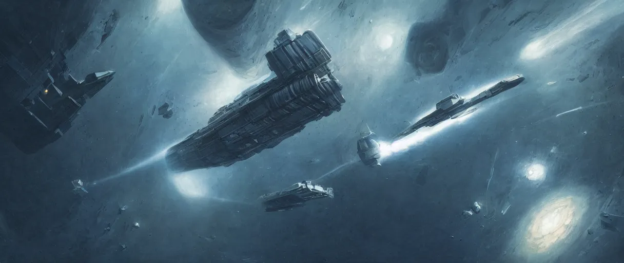 Prompt: concept art, a single spaceship, a ship drifting, deep space exploration, the expanse tv series, industrial design, dynamic angle, motion, spatial phenomena, cinematic lighting, 4k, greebles, widescreen, wide angle, beksinski, sharp and blocky shapes