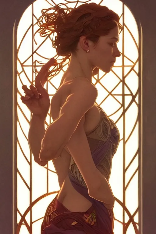 Prompt: symmetry!! intense fanart of 3 / 4 back pose of halliwell as acotar protagonist, intricate, elegant, highly detailed, my rendition, digital painting, artstation, concept art, smooth, sharp focus, illustration, art by artgerm and greg rutkowski and alphonse mucha. fireball in hand, traditional clothes