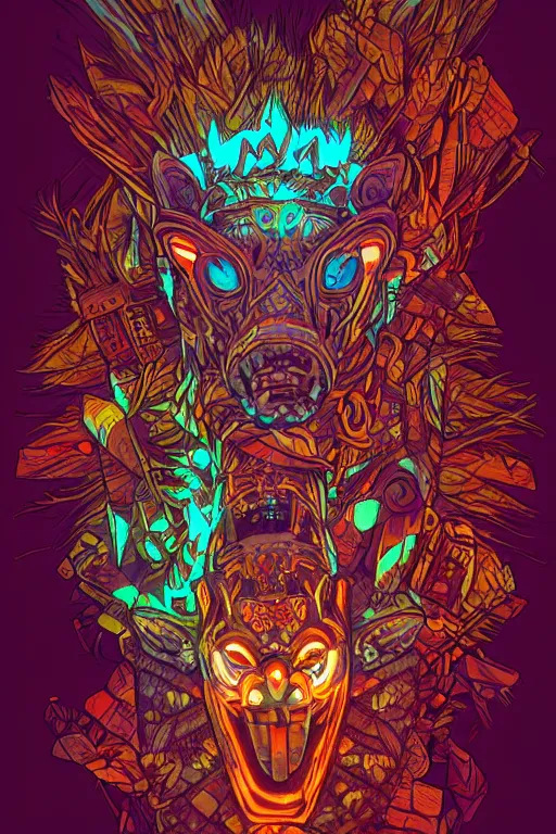 Image similar to totem animal tribal chaman vodoo mask feather gemstone plant wood rock video game illustration vivid color borderlands by josan gonzales and dan mumford radiating a glowing aura