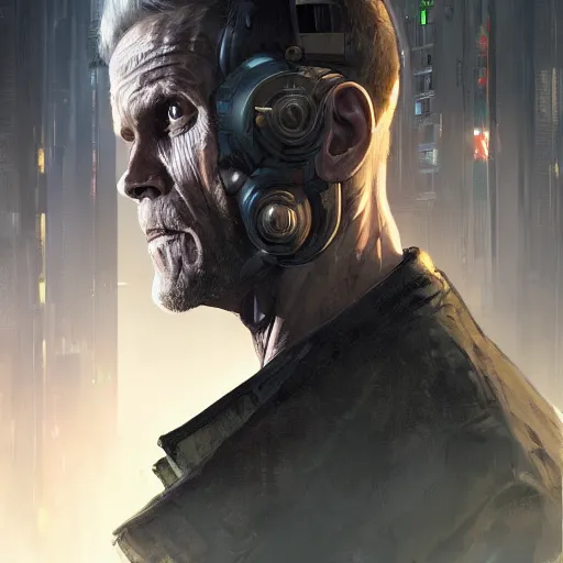 Image similar to closeup portrait of william dafoe, cyberpunk, ex military guy, city background, dramatic light, gorgeous view, depth, high detail, digital art, painted by greg rutkowski and seb mckinnon, neuromancer, trending on artstation