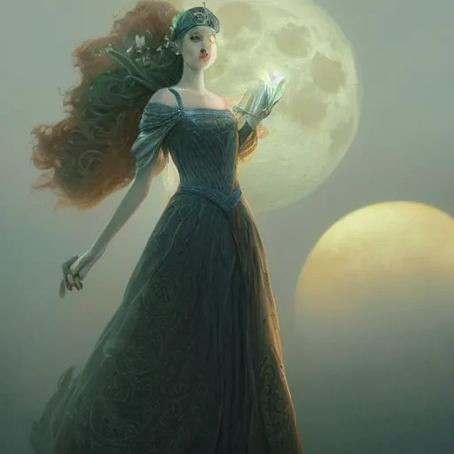 Image similar to a beautiful digital painting of a princess, princess, the moon behind her, intricate, cinematic lighting, highly detailed, digital painting, concept art, smooth, sharp focus, illustration, art by tom bagshaw, artgerm and greg rutkowski - 1 0 0 k