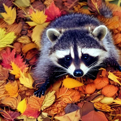 Prompt: cute baby raccoon sitting in pile of fall leaves detailed painting 4 k