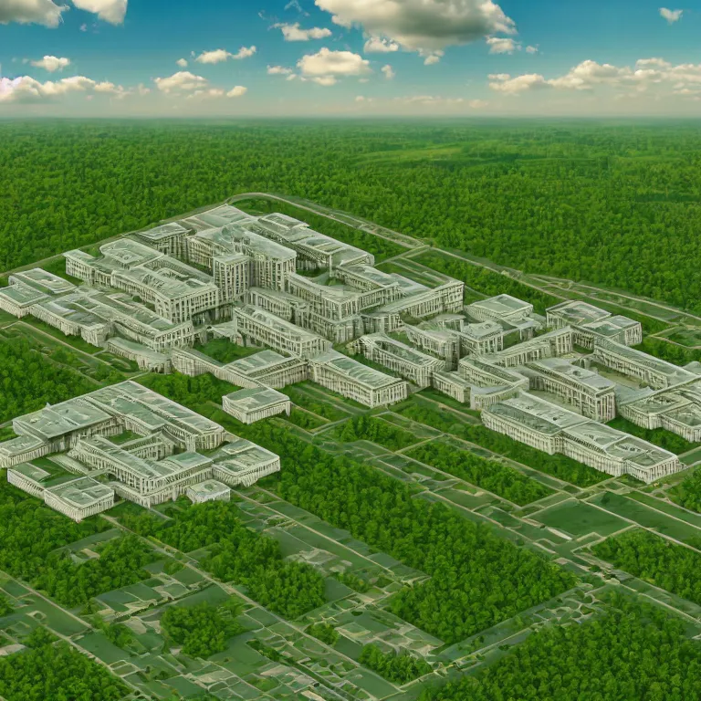 Prompt: Photo of one-point perspective to the center of the frame, ground level view of soviet town, infinitely long soviet panel buildings. A perfect green lawn in the center of the frame. High detail, details, 105mm, symmetric, symmetrical, synched, surreal, cloudless-crear-sky, cinematic