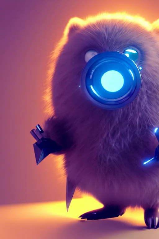 Image similar to high quality 3 d render sci - fi very cute fluffy! wombat!! cyborg with futuristic mechanical parts, cyberpunk monocle!, highly detailed, vray cinematic smooth, in the style of detective pikachu, hannah yata charlie immer, dark blue neon light, low angle, uhd 8 k, sharp focus