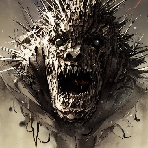 Image similar to toothy monster on a battlefield of destruction by Tsutomu Nihei, by Emil Melmoth, by stuz0r, Craig Mullins, yoji shinkawa, cross, artstation, peter morbacher, young, very attractive, pretty face, hyper detailed, very detailed, rendering by octane, shallow depth of field, uplight