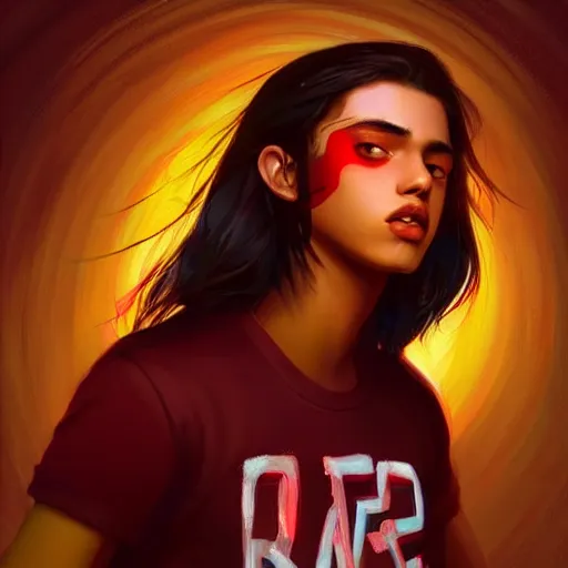 Image similar to colorful and festive captivating teenager with straight brown hair covering his eye, dark skin, big lips, wearing a red t - shirt. rich vivid colors, ambient lighting, dynamic lighting, 4 k, atmospheric lighting, painted, intricate, highly detailed by charlie bowater