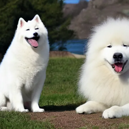 Image similar to A photo of a Samoyed dog with its tongue out hugging a white Siamese cat