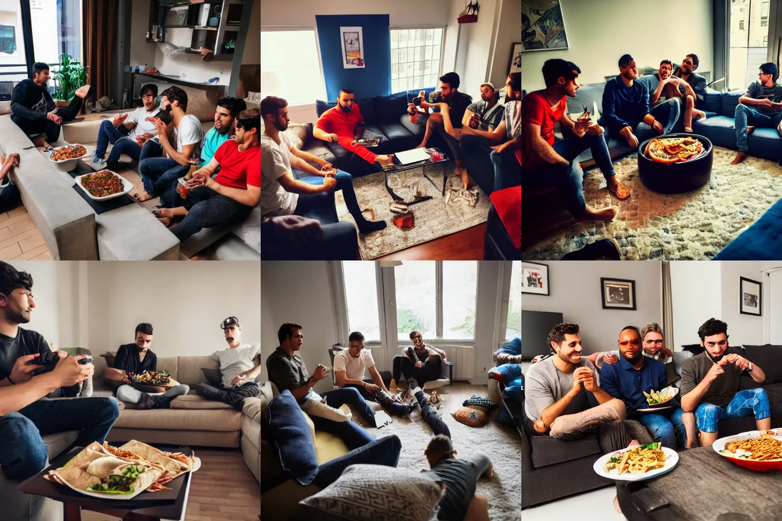 Prompt: A bunch of friends are sitting on a sofa in at a friends apartmant, they all eat Shwarma and play the playstation 5. wideshot.