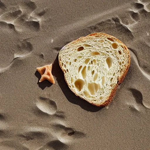 Prompt: a piece of Bread wearing a Bikini in a beach