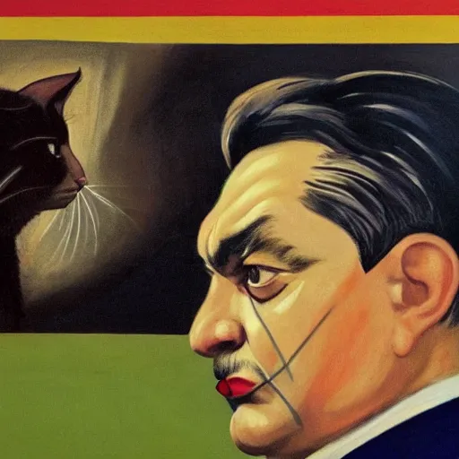 Image similar to highly detailed propaganda poster portrait of the leader of fascist hungary, viktor orban with cat whiskers face painting, looking into the distance 1 9 5 0, by edward hopper