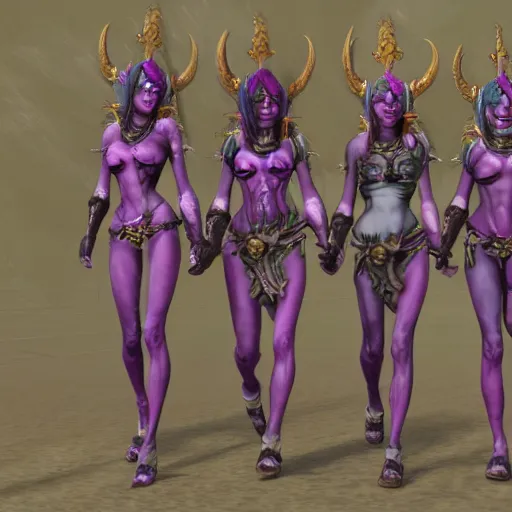 Image similar to Realistic Slaanesh daemonettes from Warhammer in a Total War game, Highly Detailed
