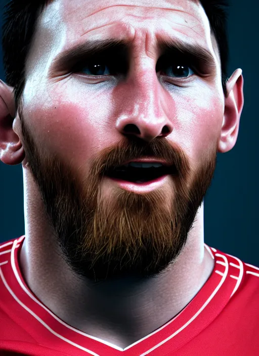 Image similar to portrait of ((cute)) crying Messi, photorealistic, 35mm, close-up, Octane render, trending on Artstation, 4k, 8k, highly detailed, digital art