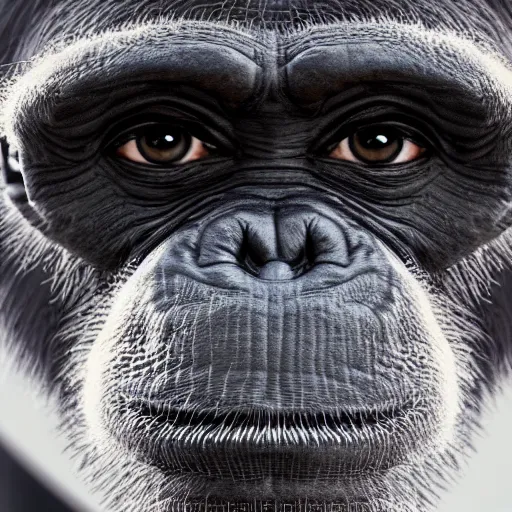 Image similar to a high detail closeup photograph of a chimpanze wearing a suit 👔, award wining photograph, digital art